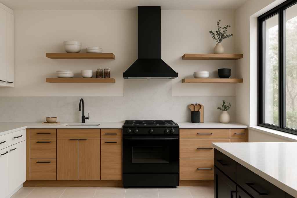 Modern kitchen with floating shelves