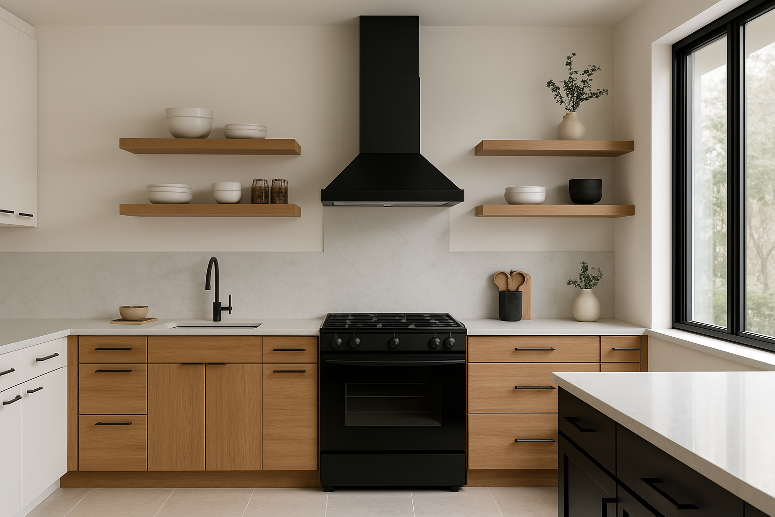 Modern kitchen with floating shelves