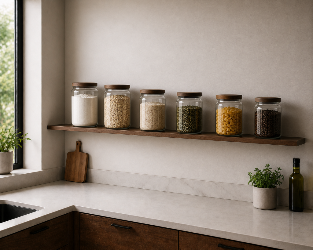 Hovr Floating Shelf Installation Guide - A thin floating shelf holding several jars