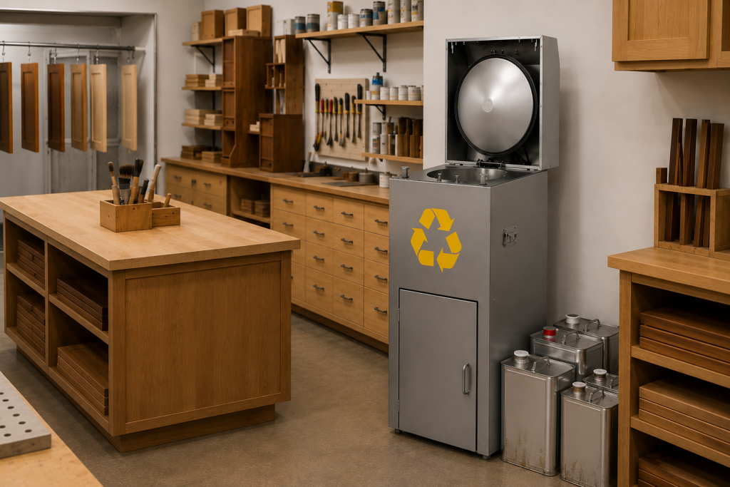 solvent recycler in a cabinet finishing shop